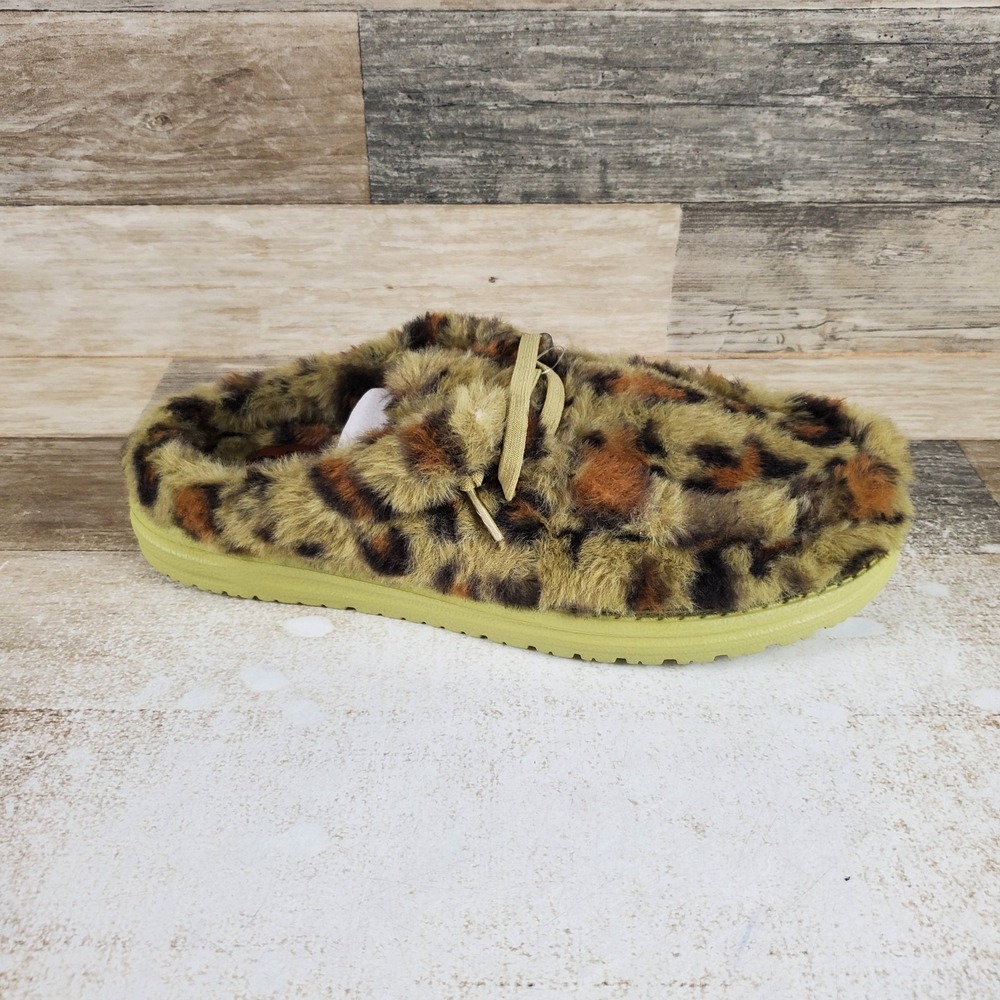 Hey Dude Wally Leo Fur Womens Slipper Sz 11 Green Multi Leopard Print Shearling